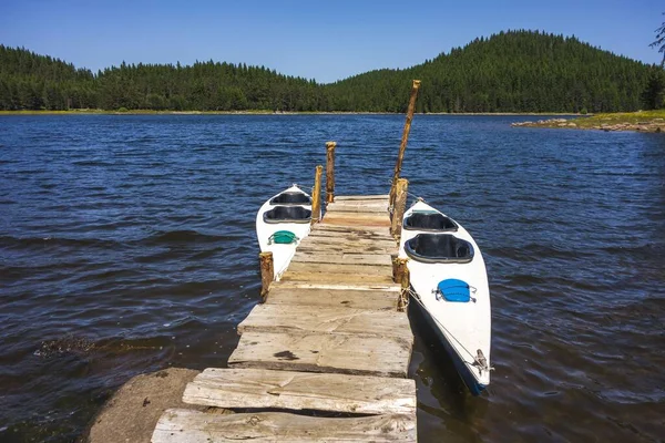 Small Wooden Pier Two Boats Lake Surrounded Greenery Sunlight — Stock Photo, Image