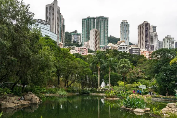 Piękne Ujęcie Parku Budynkami Miasta Tle Hongkongu — Zdjęcie stockowe