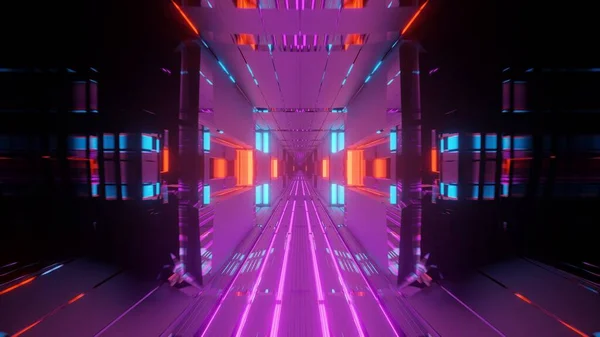 一个带有霓虹灯的未来派隧道走廊 一个3D渲染背景墙纸 — 图库照片