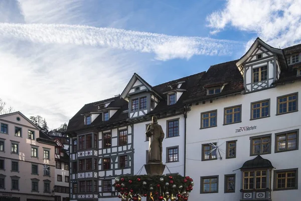 Beautiful Historic Buildings Gallen Statue Gall Switzerland Cloudy Blue Sky — Stock Photo, Image