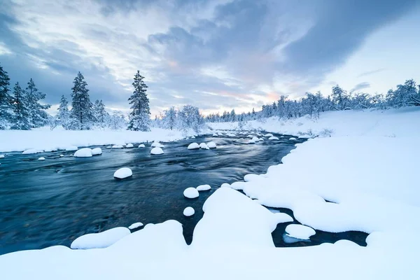 Een Rivier Met Sneeuw Erin Een Bos Buurt Bedekt Met — Stockfoto