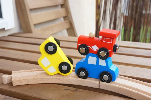 Three Different Wooden Toy Cars Wooden Tracks — Stock Photo, Image