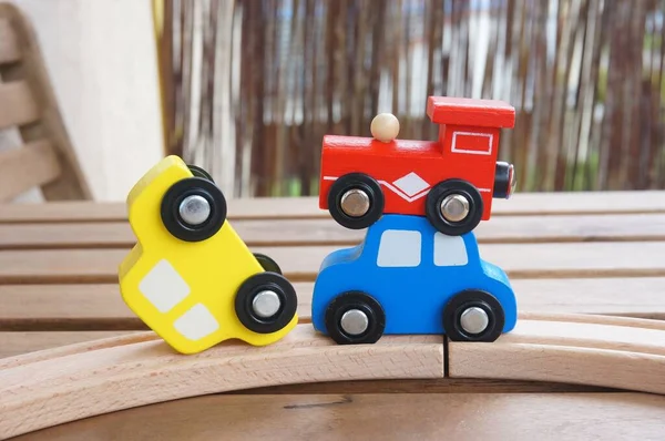 Three Different Wooden Toy Cars Wooden Tracks — Stock Photo, Image