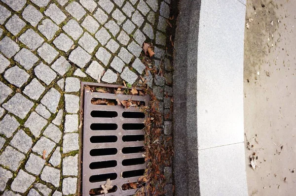 Tagsüber Ein Schacht Auf Einem Kopfsteinpflaster Der Straße — Stockfoto