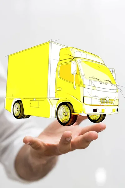 一个展示黄色面包车虚拟投影的人的垂直特写镜头 — 图库照片