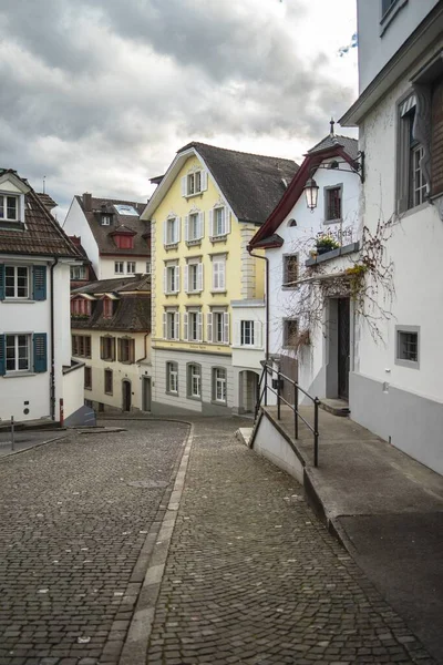 Empty Cobblestone Streets Historic Buildings Hill Lucerne Switzerland — Stock Photo, Image