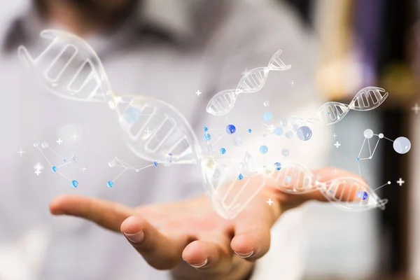 Una Mano Uomo Che Tiene Una Figura Dna Uno Sfondo — Foto Stock