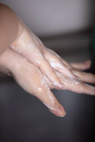 Person Washing Her Hands Soap Sink — Stock Photo, Image