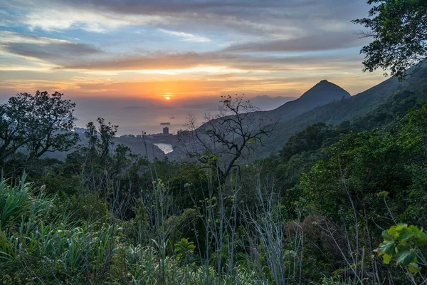 Puesta Sol Desde Pico Victoria Cubierto Vegetación Rodeada Por Mar —  Fotos de Stock