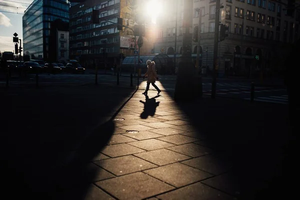 Een Modieuze Vrouw Met Harige Jas Die Straat Loopt Met — Stockfoto