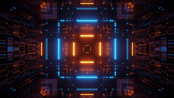 Weergave Abstracte Futuristische Achtergrond Met Gloeiende Neon Blauw Oranje Lichten — Stockfoto