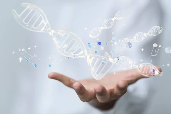 Una Mano Uomo Che Tiene Una Figura Dna Uno Sfondo — Foto Stock