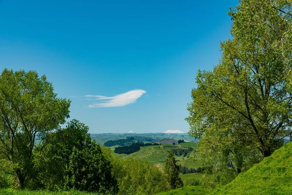 Een Uitgestrekte Groene Vallei Met Een Blauwe Lucht Een Landelijke — Stockfoto