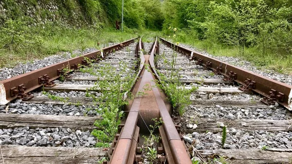 Nahaufnahme Der Eisenbahnschienen Der Weiche — Stockfoto