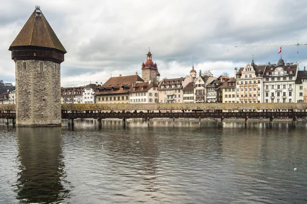 Panoramic Shot Chapel Bridge Reuss River Water Tower Lucerne Switzerland — Stock Photo, Image