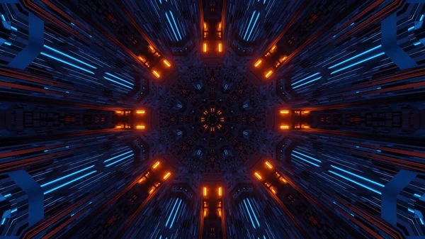 Futuristic Symmetry Reflection Abstract Background Orange Blue Neon Lights — Stock Photo, Image