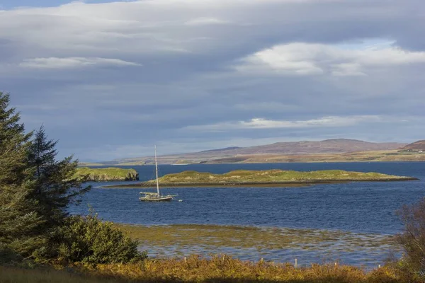 湾の真ん中の帆船 濃い青の海 豊かな草の島 — ストック写真