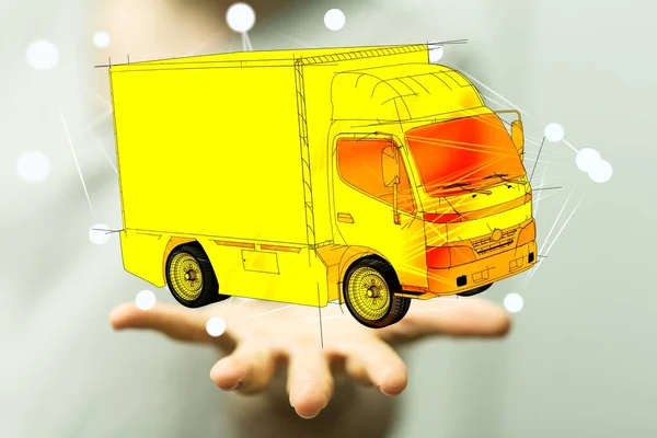 一个人展示一辆黄色面包车虚拟投影的特写镜头 — 图库照片