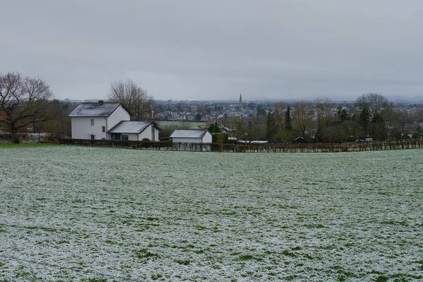 Una Casa Circondata Campo Coperto Verde Neve Sotto Cielo Nuvoloso — Foto Stock