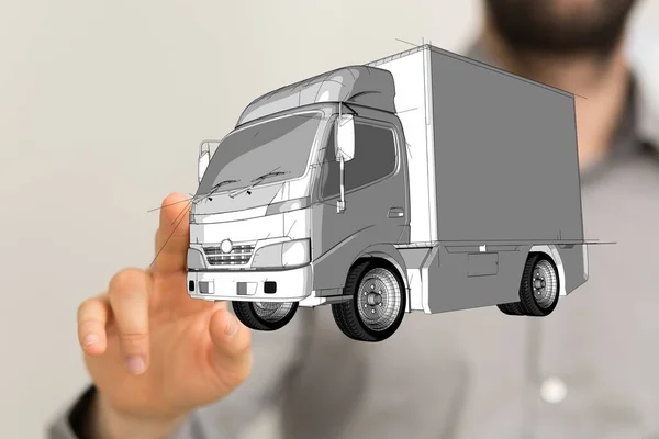 Closeup Shot Person Presenting Virtual Projection Silver Truck — Stock Photo, Image