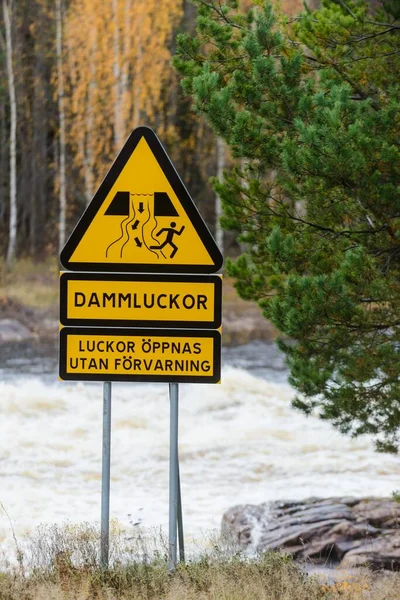 Warning Sign Swedish Explaining Floodgates Could Opened Warning — Stock Photo, Image