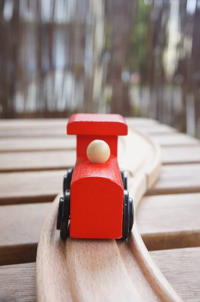 Trem Brinquedo Vermelho Madeira Trilhas Madeira — Fotografia de Stock