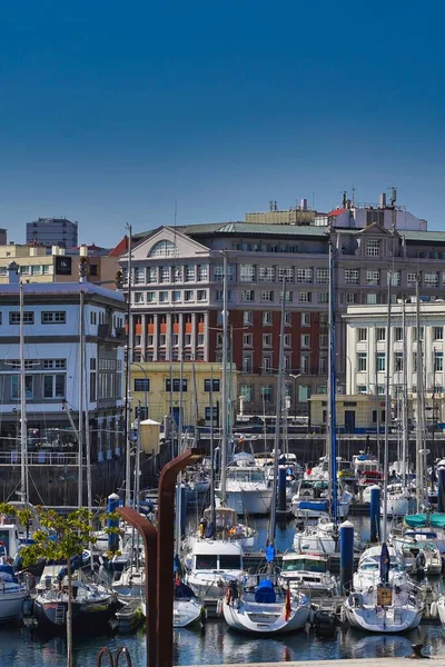 Vertical Shot Boats Buildings Distance Coruna Galicia Spain — Stock Photo, Image