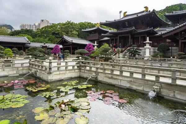 Uma Lagoa Lótus Frente Salão Templo Chi Lin Nunnery Hong — Fotografia de Stock