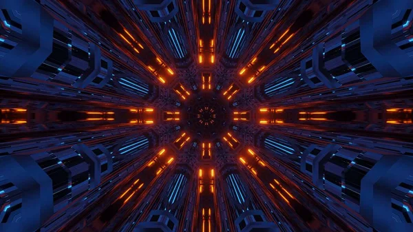 Uma Simetria Futurista Reflexão Fundo Abstrato Com Luzes Néon Laranja — Fotografia de Stock
