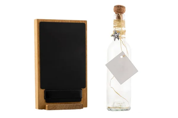 Black Wooden Mock Menu Frame Glass Bottle Side White Background — 스톡 사진