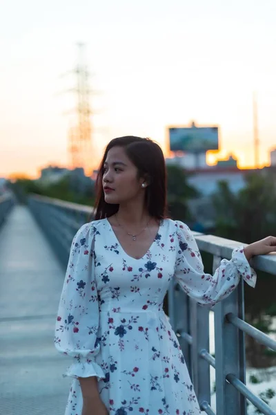 Egy Régi Hídon Álló Vietnámi Lány Függőleges Képe — Stock Fotó