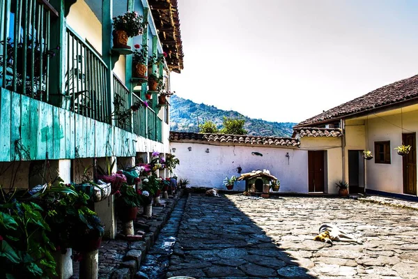 Una Casa Mare Con Molti Fiori Appesi Balcone — Foto Stock