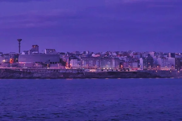 Lot Illuminated Buildings Coastal Coruna City Galicia Spain — Stock Photo, Image