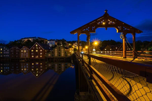 Typical Old Timber Buildings Nidelva River View Old Town Bridge — стоковое фото