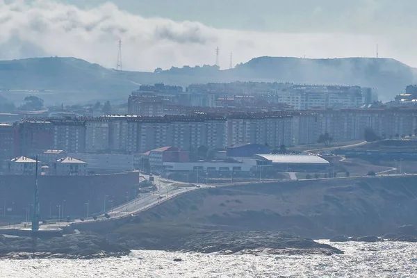 Nagy Látószögű Kilátás Épületek Gyár Gőz Coruna Galícia Spanyolország — Stock Fotó
