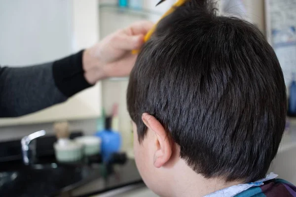 Closeup Kid Getting Haircut Lights Blurry Background — Stock Photo, Image