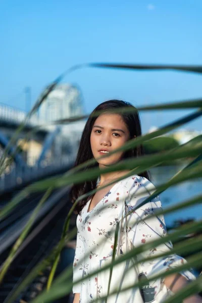 Disparo Vertical Una Chica Vietnamita Puente Visto Través Las Hojas —  Fotos de Stock