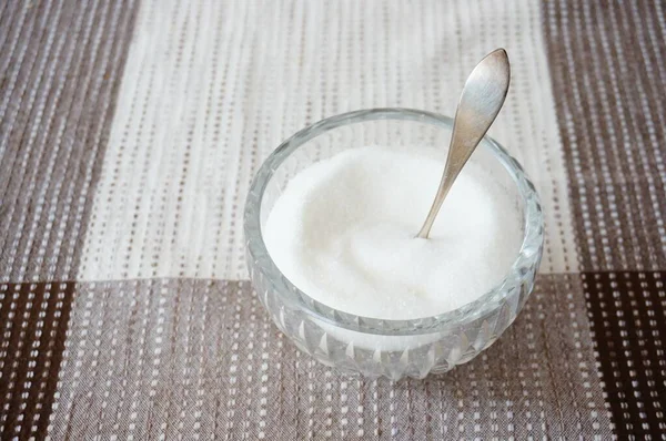 Gros Plan Sucre Dans Une Petite Casserole Transparente Sur Une — Photo