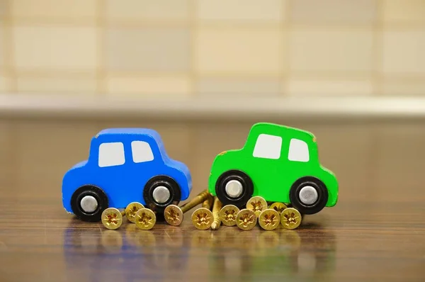 Tiro Foco Seletivo Carros Brinquedo Madeira — Fotografia de Stock