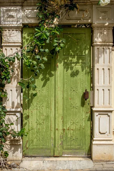 木製の緑のドアのユニークなデザインの垂直ショット — ストック写真