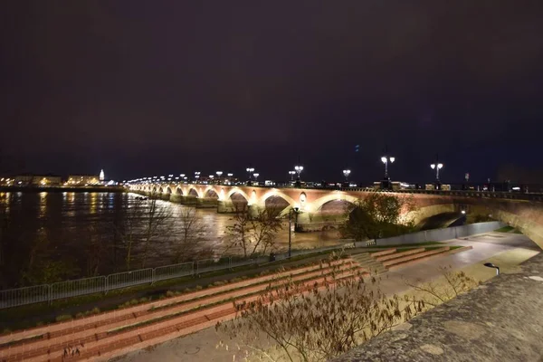 Pont Pierre Circondato Luci Edifici Nella Notte Bordeaux Francia — Foto Stock