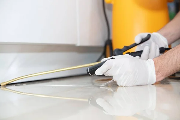 Closeup Person Gloves Disinfecting Kitchen Floor Coronavirus Concept — Stock Photo, Image