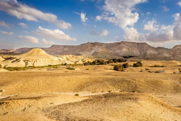 Belo Tiro Campo Deserto Com Montanhas Céu Azul Nublado Fundo — Fotografia de Stock