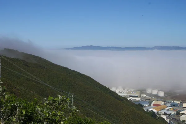 ニュージーランドのハット渓谷の高い角度のショットは霧で覆われています — ストック写真
