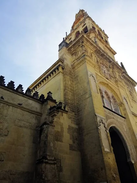 Tiro Ângulo Baixo Campanário Grande Mesquita Catedral Crdoba Espanha Com — Fotografia de Stock