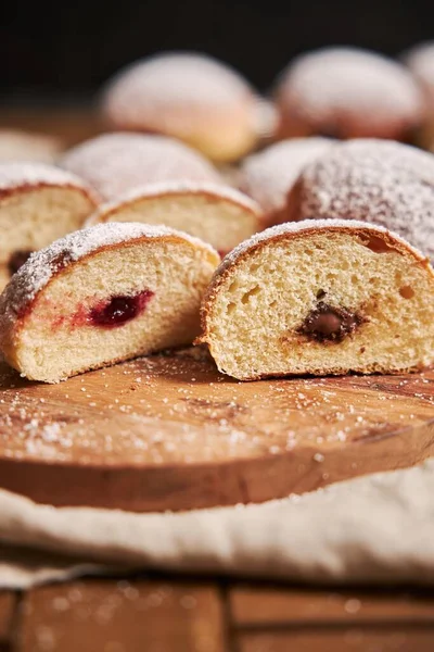 Vertical Closeup Fluffy Doughnuts Filled Jam Tray Table Lights — Stock Photo, Image