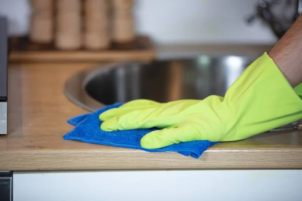 Closeup Person Disinfecting Kitchen Sink Gloves Coronavirus Concept — Stock Photo, Image