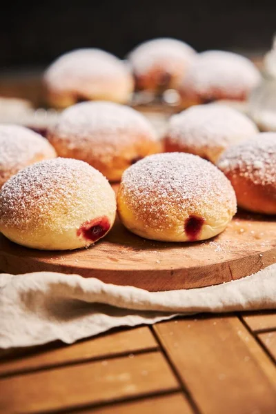 Vertical Closeup Fluffy Doughnuts Filled Jam Tray Table Lights — Stock Photo, Image