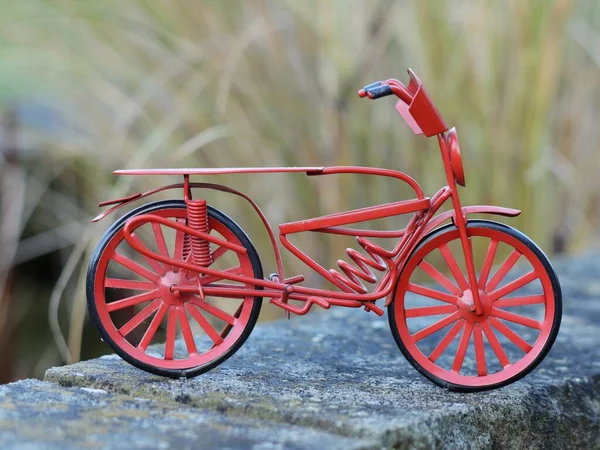 Селективный Снимок Маленького Красного Велосипеда Камне Растениями Заднем Плане — стоковое фото