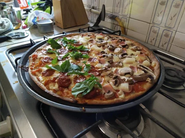 Closeup Shot Homemade Pizza Pan Two Flavors — Stock Photo, Image